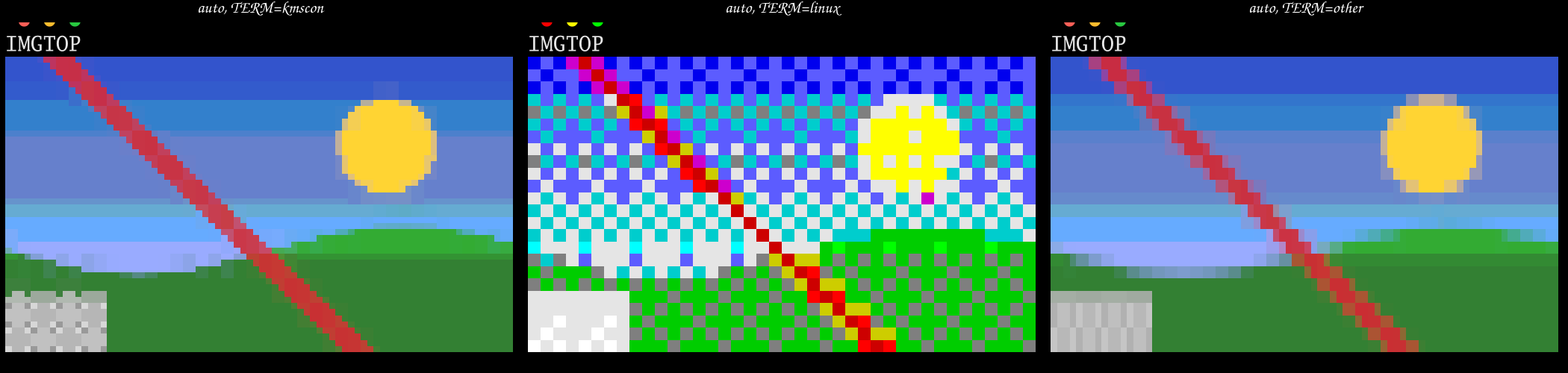auto with TERM=kmscon, TERM=linux and TERM=xterm-256color