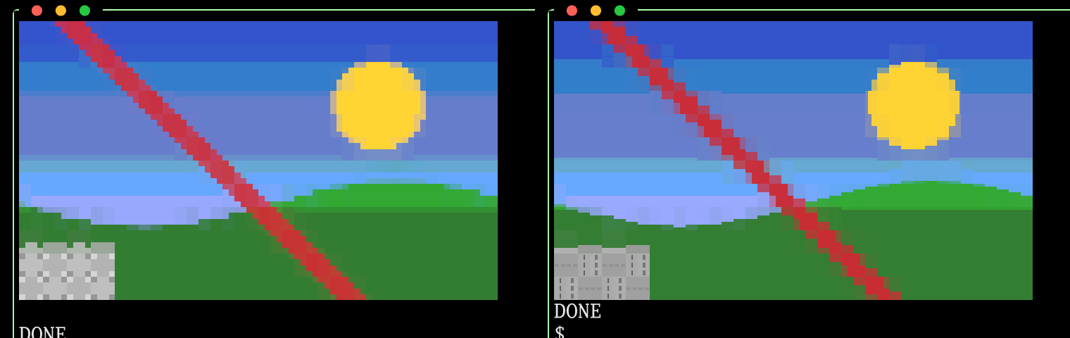 chafa in a pane: on the left, sixel drawn as octants by TUIOS. On the right, chafa's own text output with image_symbols set to off