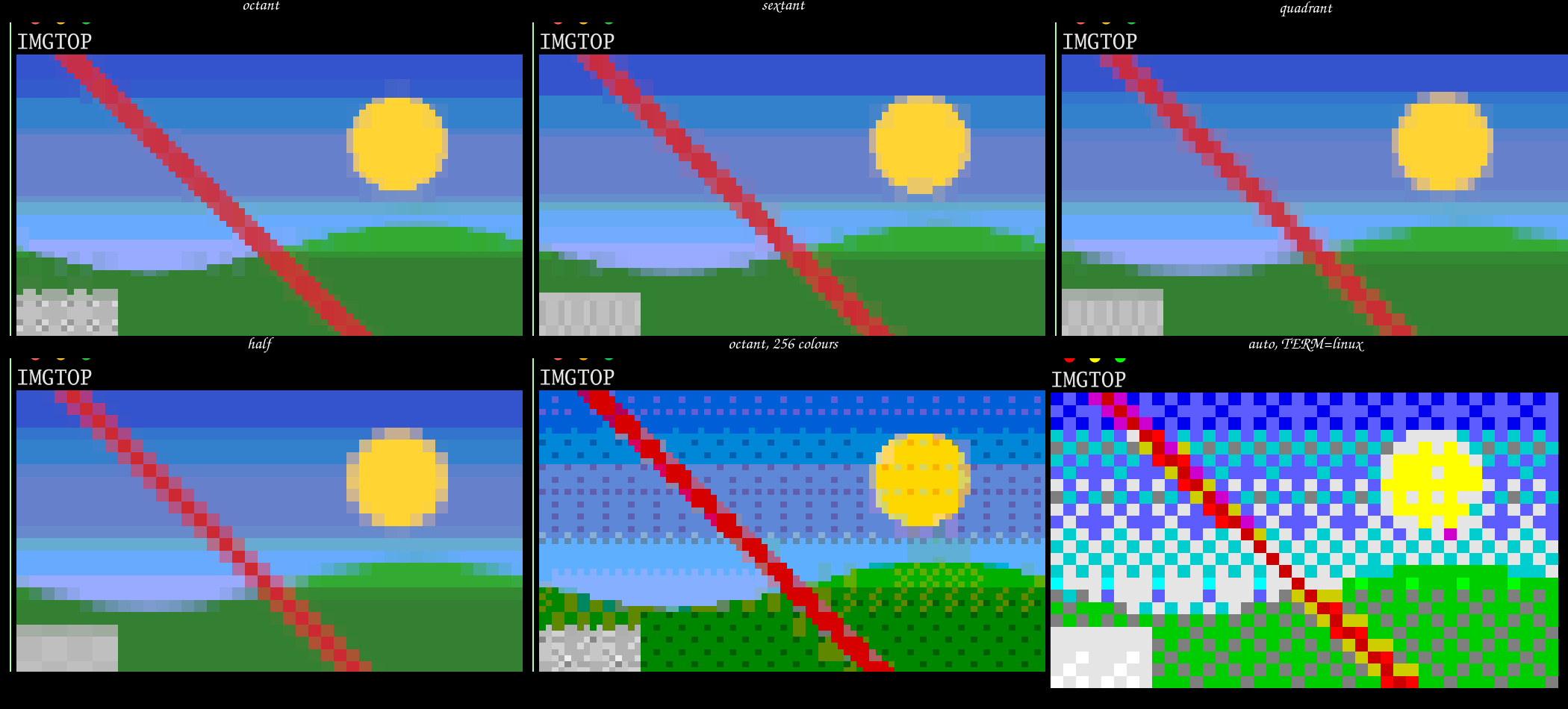 One picture drawn with octants, sextants, quadrants and half blocks in 24-bit colour, with octants at 256 colours, and with half blocks at 16 colours