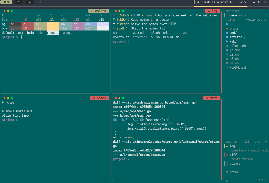 tuios with the nord theme at 256 colours, before the fix. The pane grounds, the sidebar and the desktop are all a dark teal.