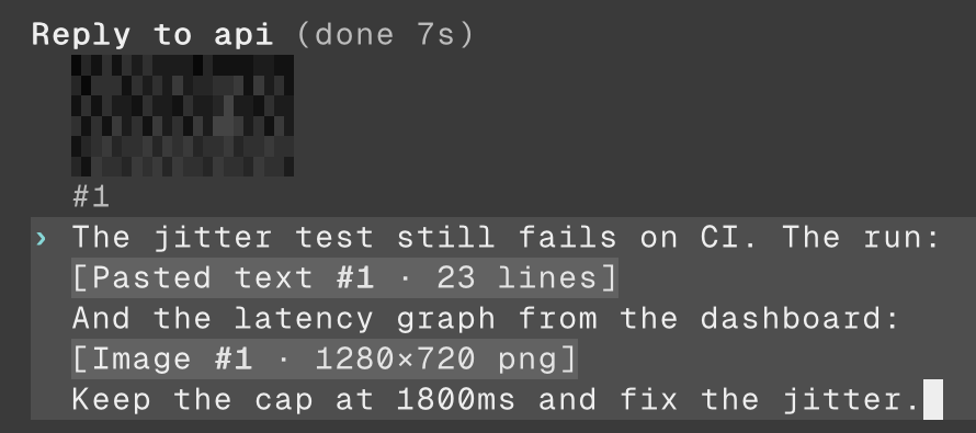 The reply editor at 256 colours with no image protocol: the preview of the latency graph is an 11 by 3 cell block-glyph thumbnail above the draft.