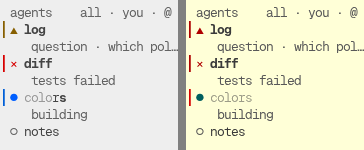 Two crops of the agents list in the sidebar at 256 colours. Catppuccin Latte on the left shows the ▲ of a waiting agent in amber and the ✕ of a failed one in red. gruvbox_light on the right shows both in the same red.