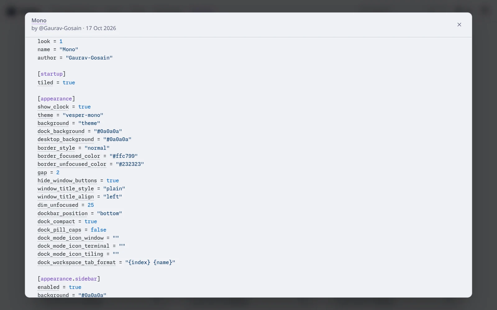 An open gallery entry, Mono by @Gaurav-Gosain. Its config is highlighted, and each key has a dotted underline that opens a note about the key.
