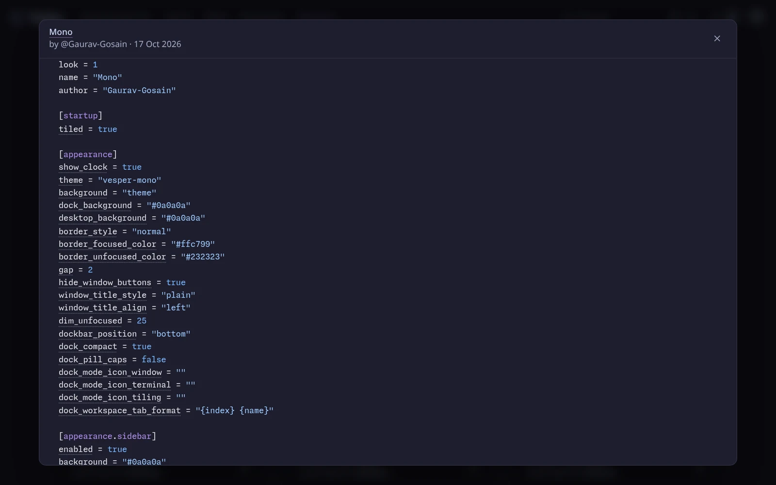 An open gallery entry, Mono by @Gaurav-Gosain. Its config is highlighted, and each key has a dotted underline that opens a note about the key.