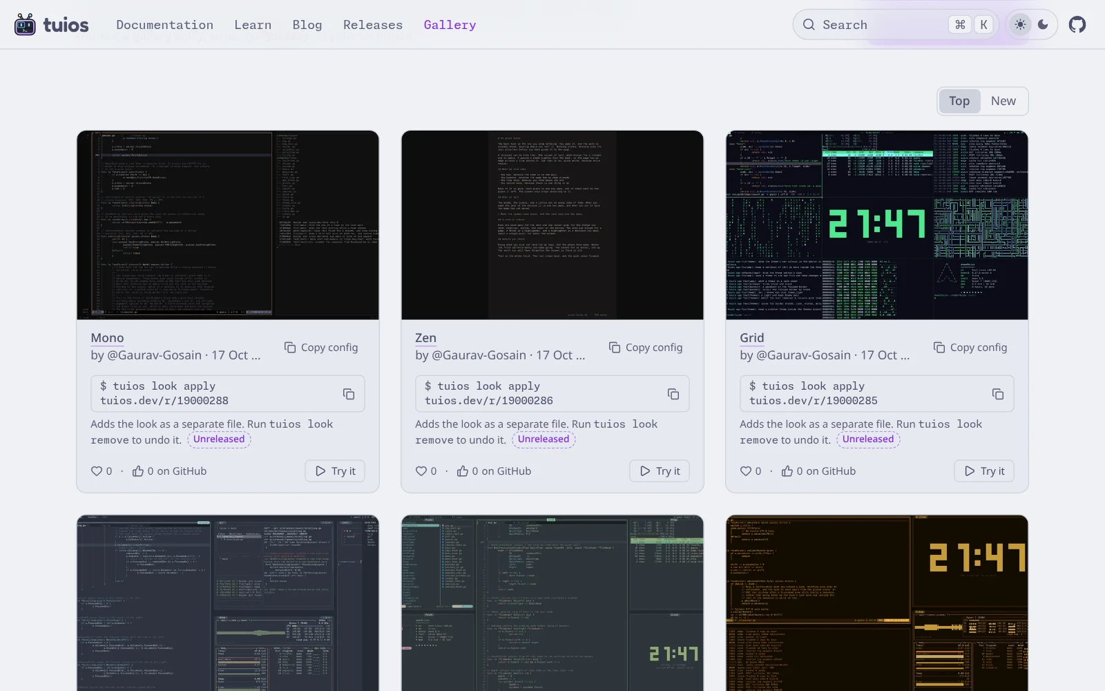 The tuios.dev gallery: a grid of setup cards, each with a screenshot, a title, the author's handle, a vote count and a tuios look apply command.