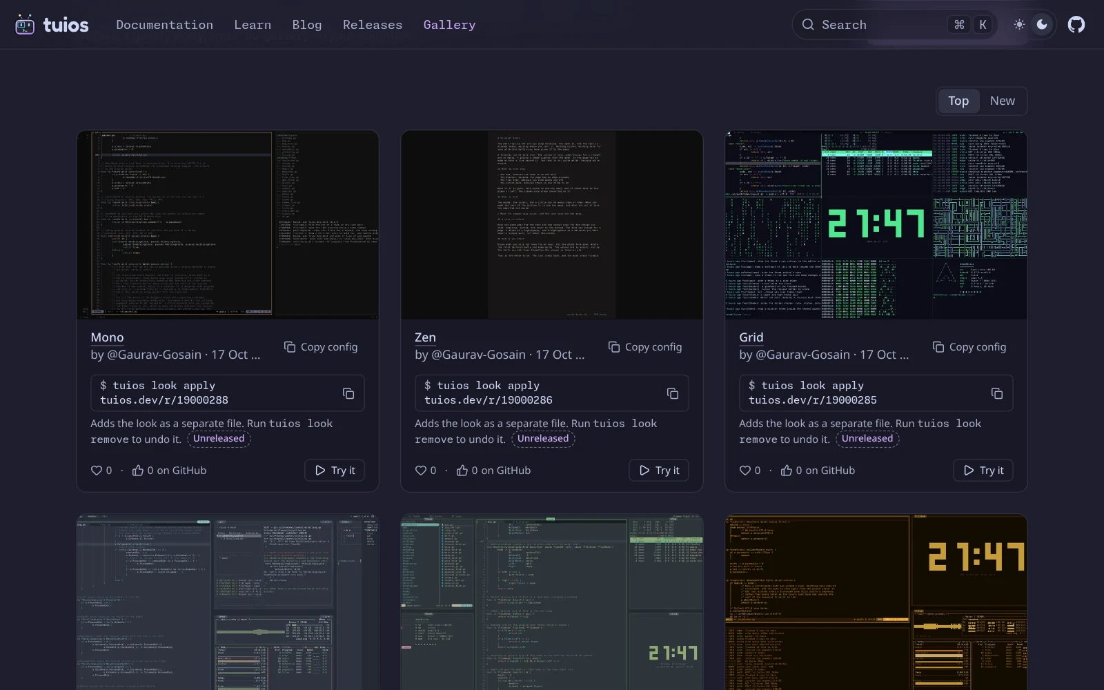 The tuios.dev gallery: a grid of setup cards, each with a screenshot, a title, the author's handle, a vote count and a tuios look apply command.