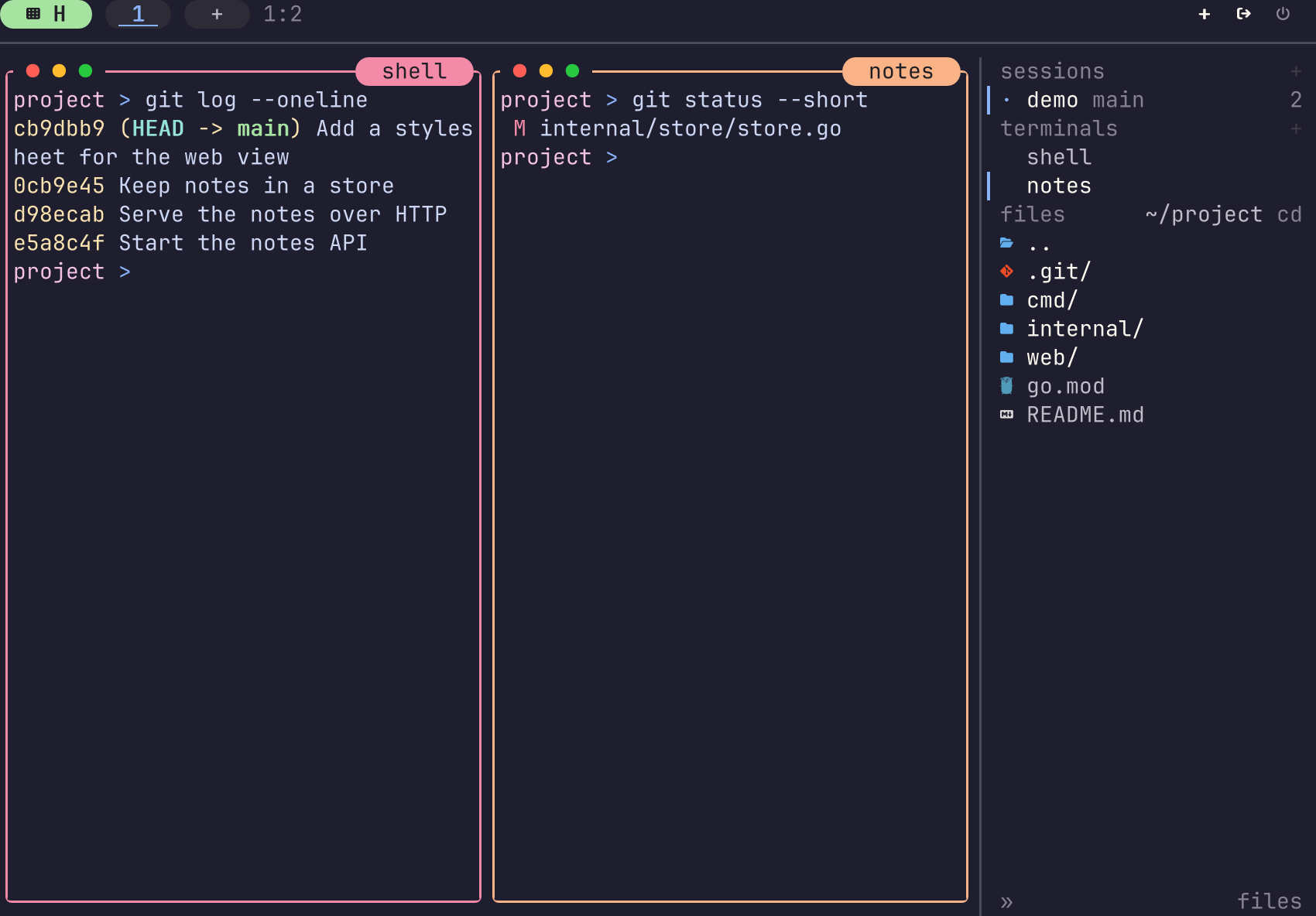 The same two panes in terminal mode. The focused pane, notes, has a peach border.
