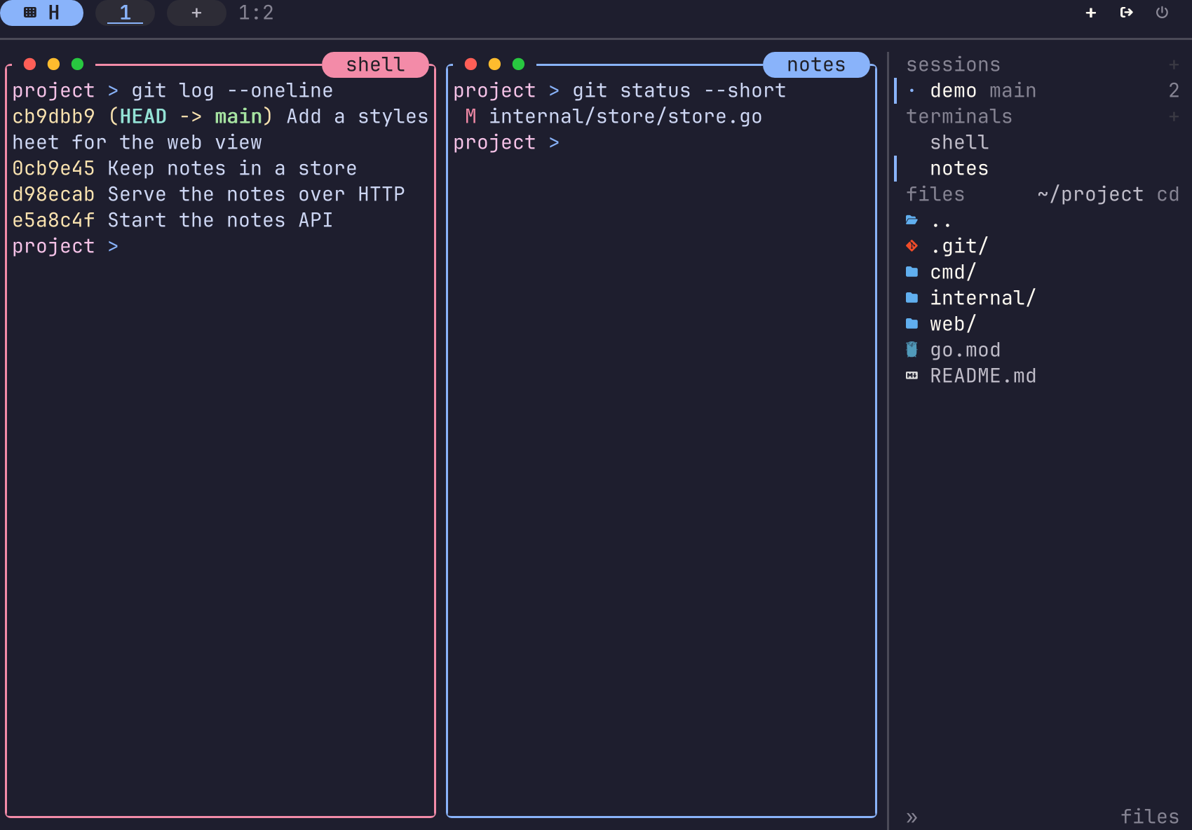 Two tiled panes in window mode. The focused pane, notes, has a blue border.