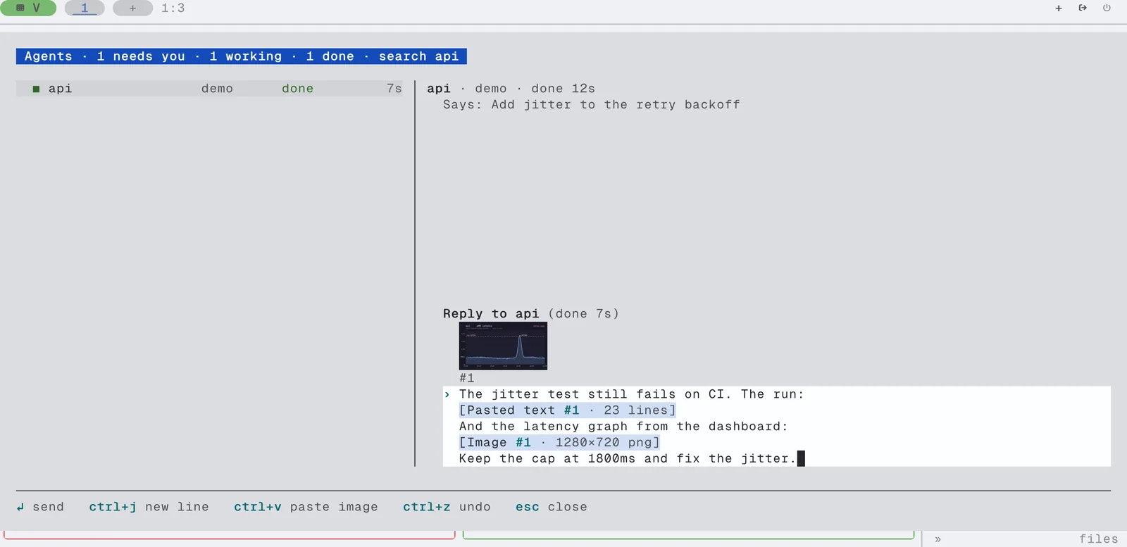 The Inbox reply editor under the agent list. The draft holds text, a paste block for a 23-line test log, and an image block, with a preview of a latency graph above the draft.