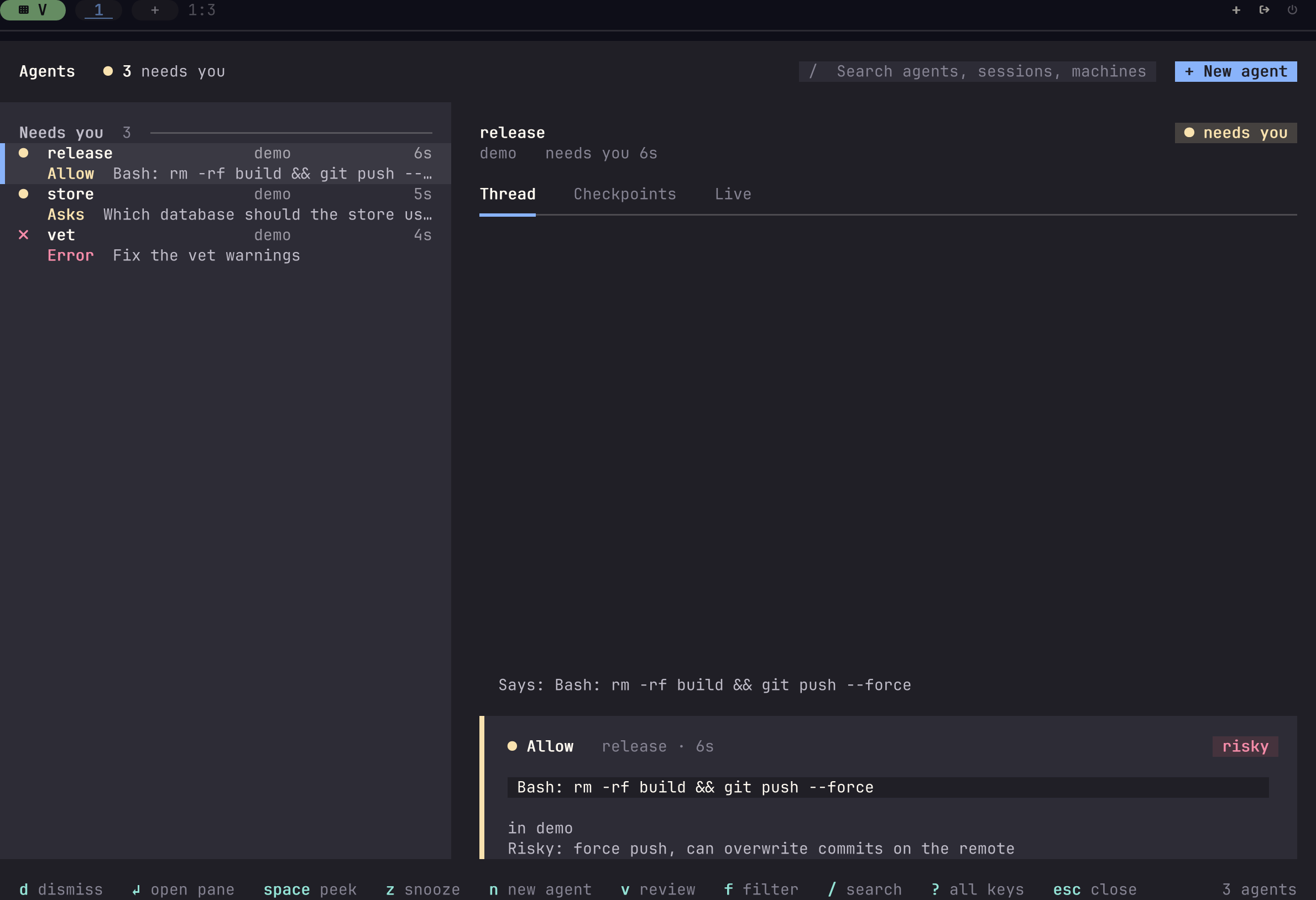 The tuios Inbox listing an approval marked risky, a question and an errored agent, with the reason the approval is risky.