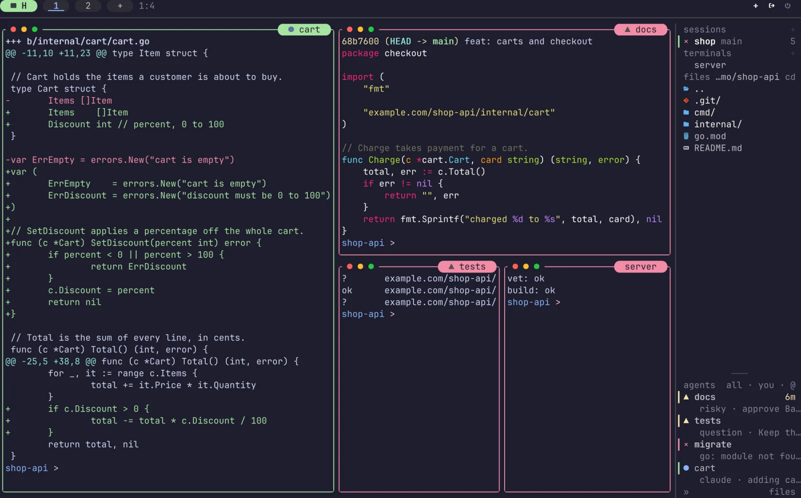 tuios with four tiled panes: a git diff, a Go file, test output and a build. The sidebar lists the session, its files and four agents with their states.