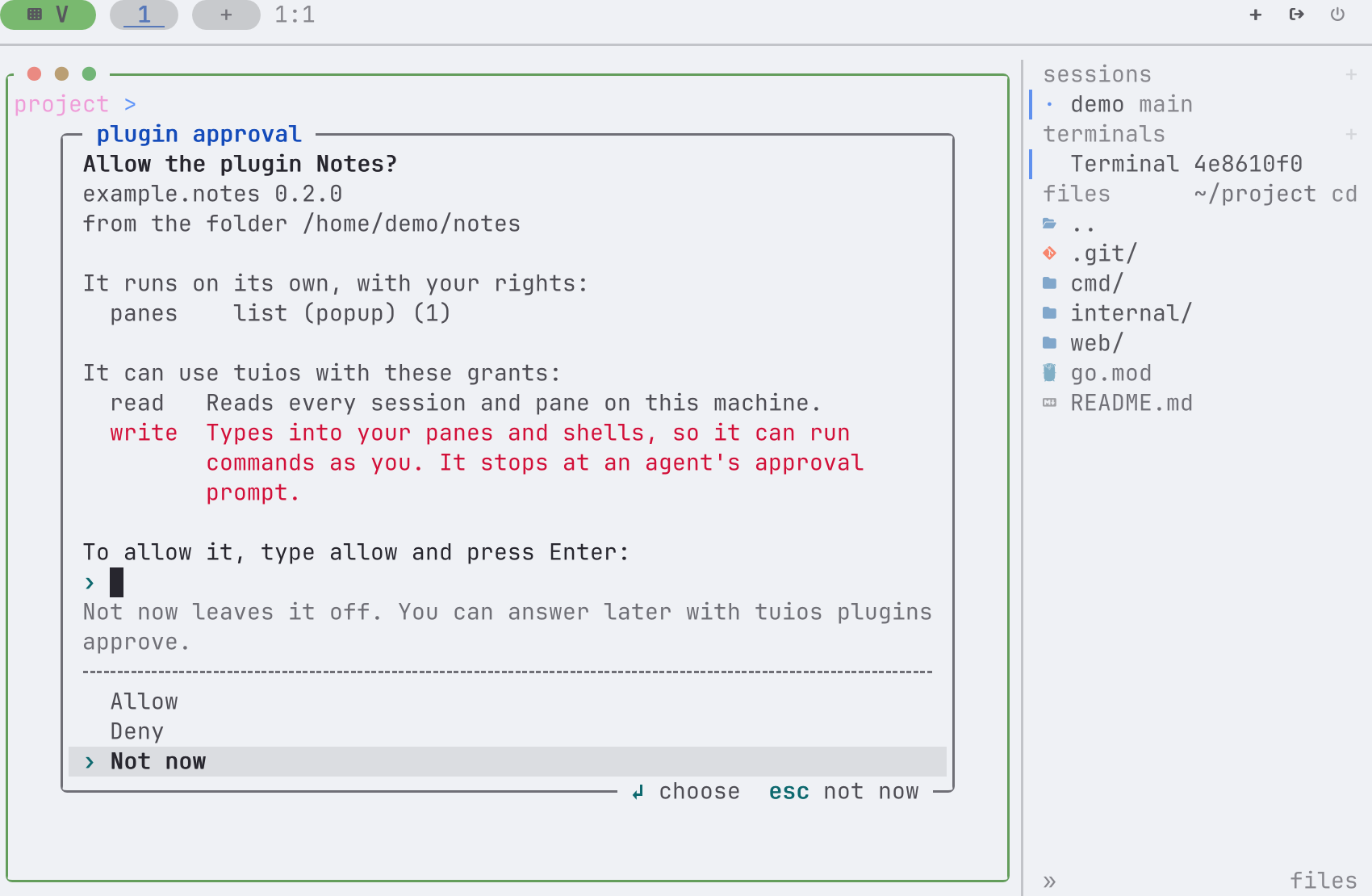 The plugin approval dialog for the plugin Notes, example.notes 0.2.0, from a folder. It shows the command that the plugin runs and its grants. read reads every session and pane. write, in red, types into your panes and shells. To allow the plugin, you type allow and press Enter. Not now is selected.