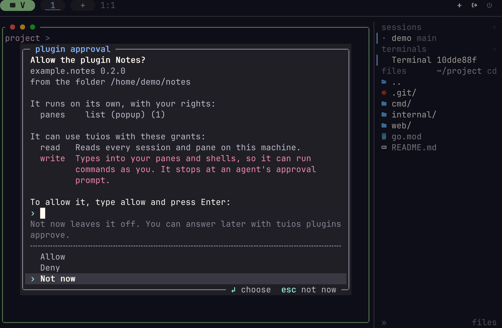 The plugin approval dialog for the plugin Notes, example.notes 0.2.0, from a folder. It shows the command that the plugin runs and its grants. read reads every session and pane. write, in red, types into your panes and shells. To allow the plugin, you type allow and press Enter. Not now is selected.