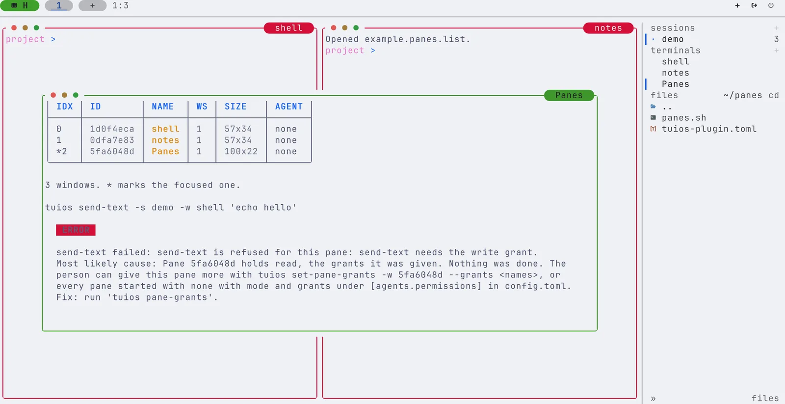 A native plugin's popup over two panes. The plugin holds the read grant. It lists the panes with tuios list-windows, and its tuios send-text into the shell pane is refused: send-text needs the write grant.