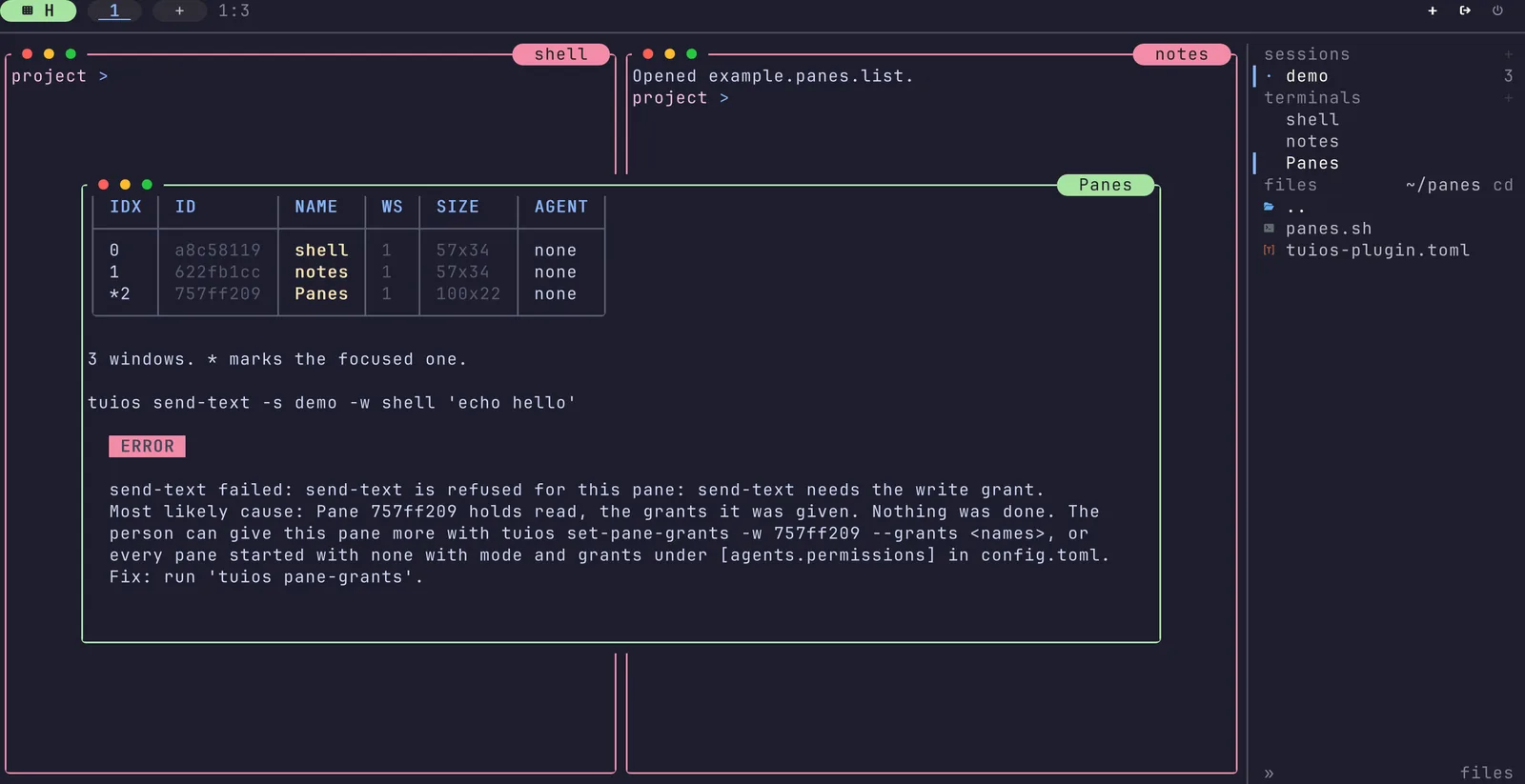 A native plugin's popup over two panes. The plugin holds the read grant. It lists the panes with tuios list-windows, and its tuios send-text into the shell pane is refused: send-text needs the write grant.