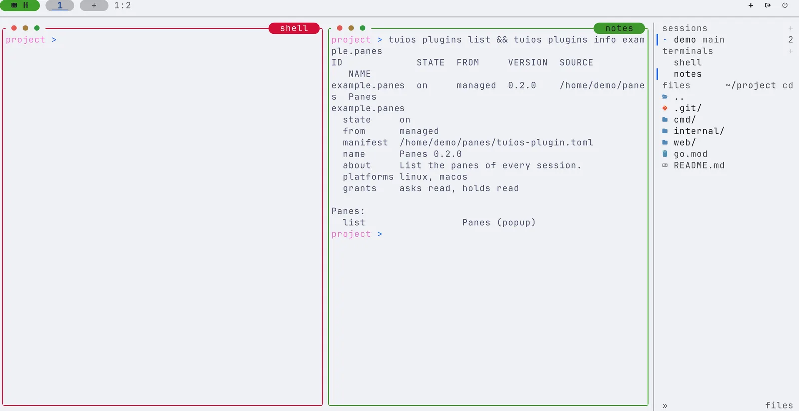 tuios plugins list shows example.panes as on and managed, at version 0.2.0. tuios plugins info example.panes shows its manifest, name, platforms, the grants it asks for and holds (read), and its popup pane.