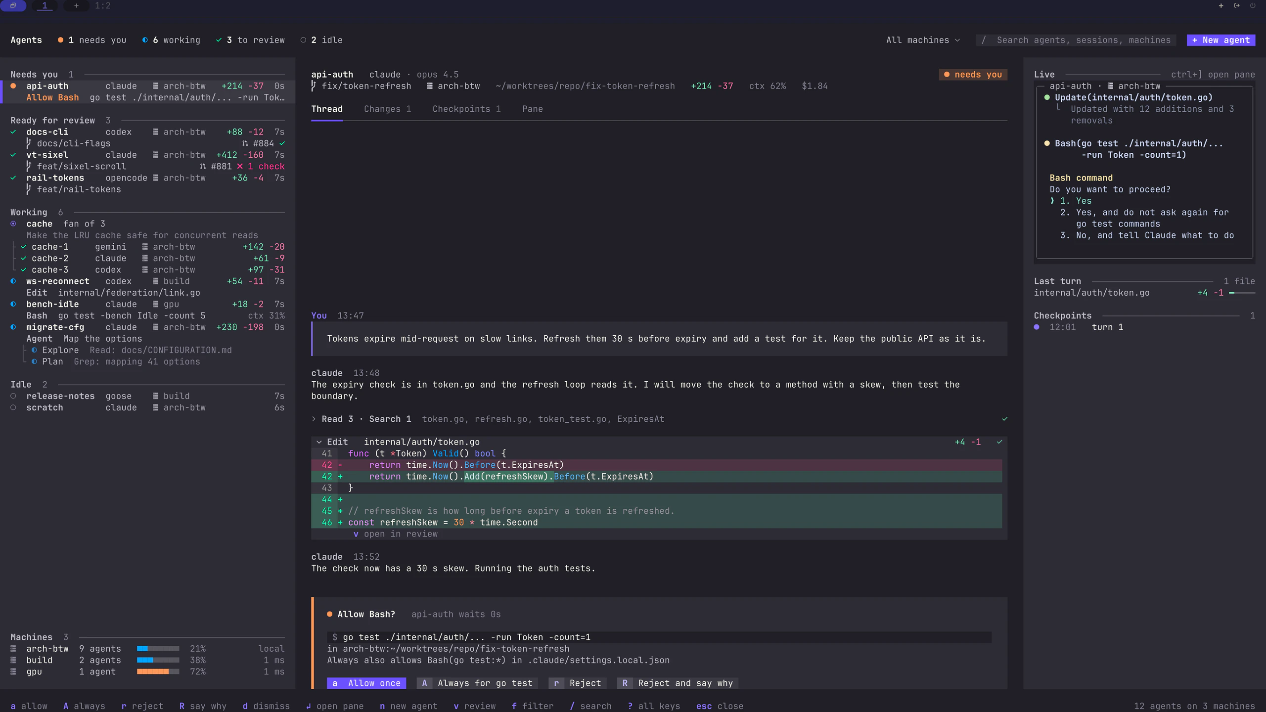 The agents view with 12 agents on 3 machines. The groups are Needs you, Ready for review, Working and Idle. The Working group holds a fan of 3 attempts at one task. The selected agent, api-auth, shows its thread with an edit as a diff, and asks to run go test with the buttons Allow once, Always, Reject and Reject and say why. The Machines block lists arch-btw, build and gpu with their agent counts and load.