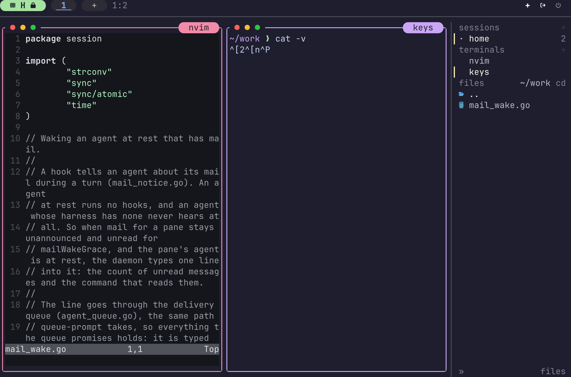 Two panes in lock mode under the zellij preset. The mode pill in the dock shows a lock. In the keys pane, cat -v prints ^[2^[n^P: the keys alt+2, alt+n and ctrl+p went to the program. tuios did not change the workspace or open a menu.