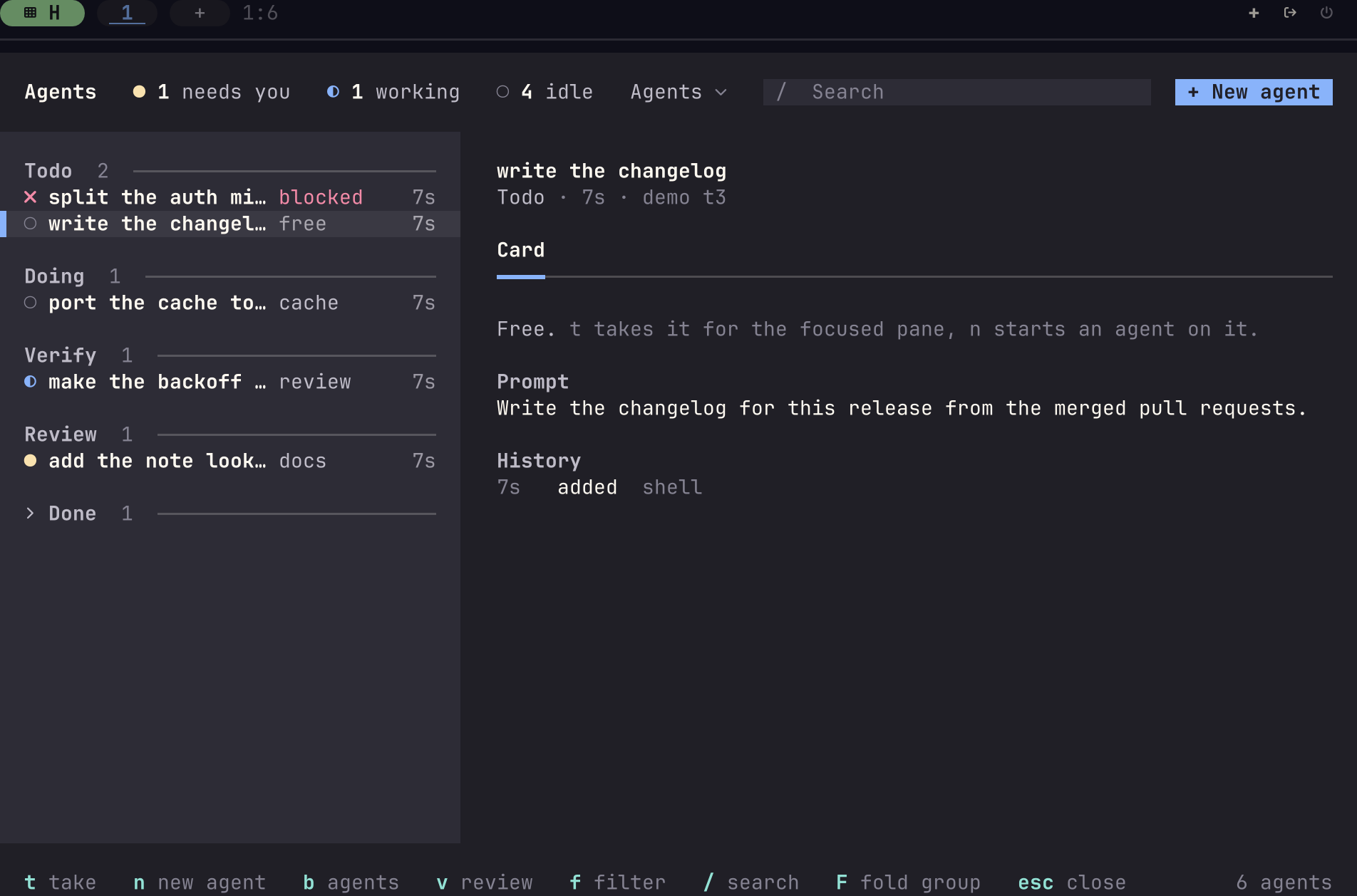 The task board in the agents view. Cards are in the groups Todo, Doing, Verify, Review and Done. One card under Todo is blocked. The other, write the changelog, is free and selected. Its Card tab shows its prompt and its history.