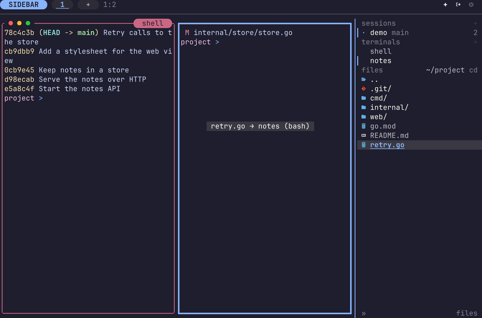 A drag of retry.go from the rail. A heavy frame in the accent colour marks the notes pane under the pointer. A label at the pointer says retry.go, an arrow, notes and bash.