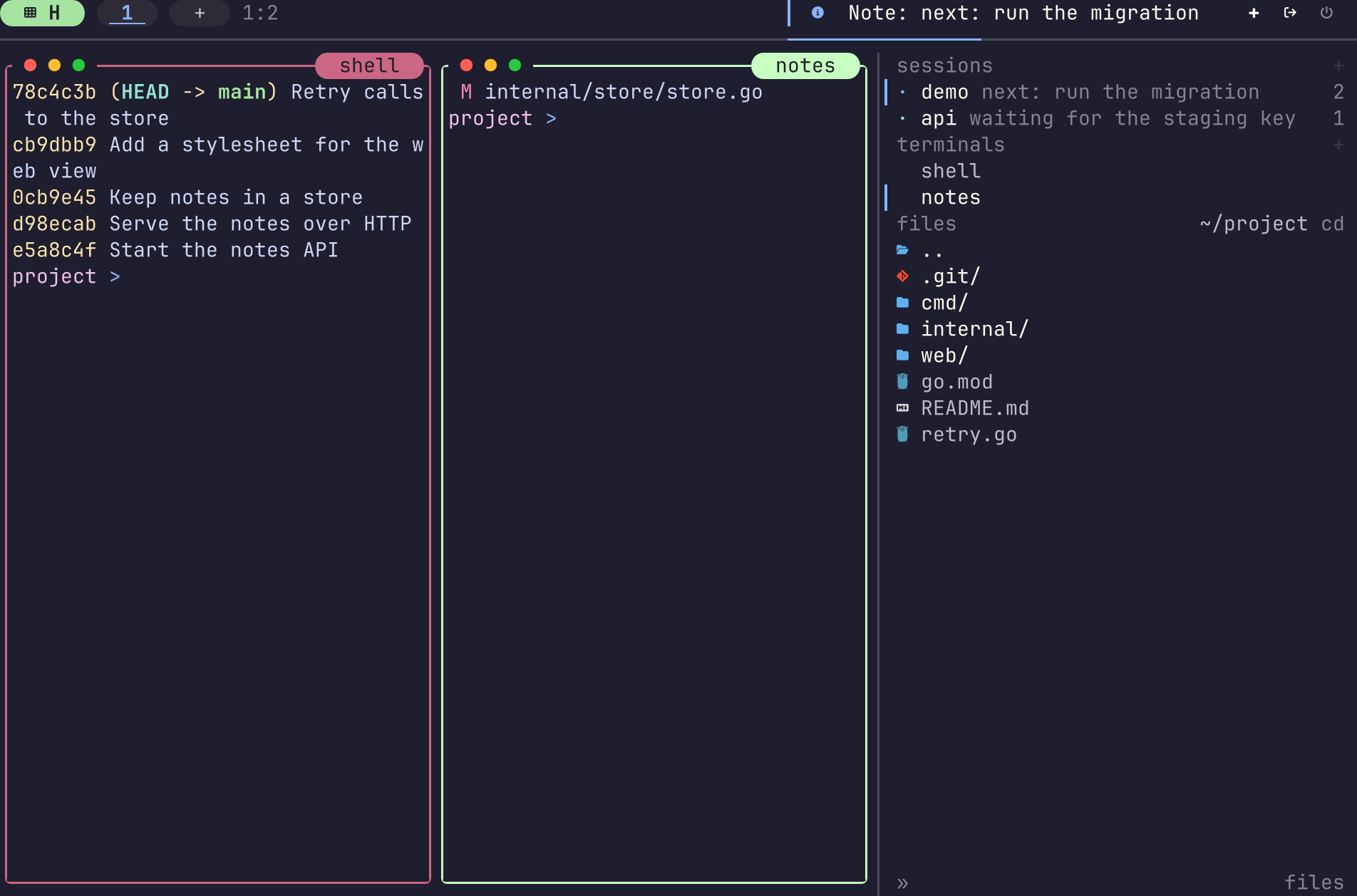 The dock says Note: next: run the migration. In the rail, the session demo shows that note after its name, and the session api shows waiting for the staging key.