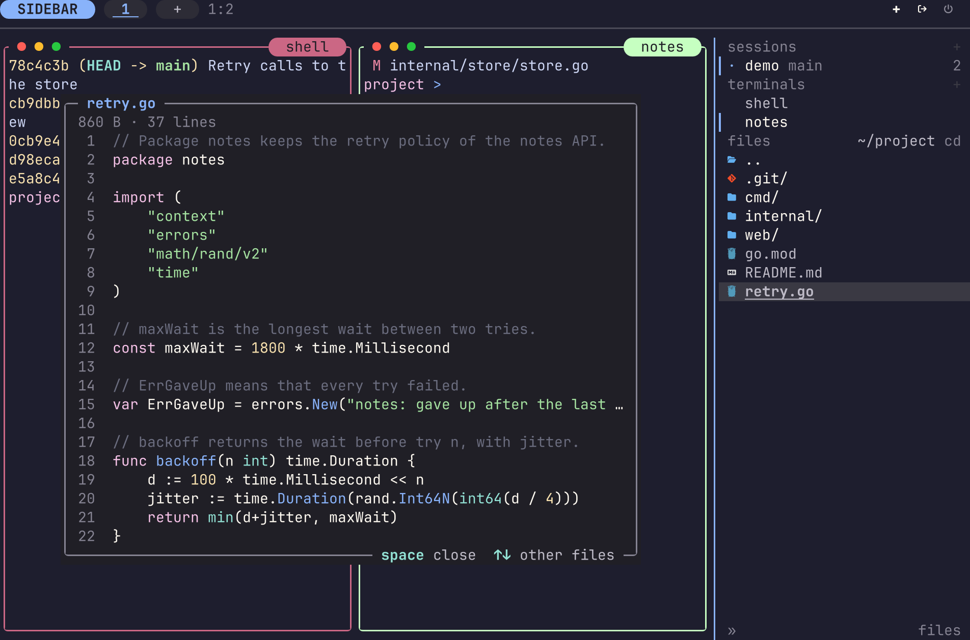 Quick look over two panes. The rail cursor is on retry.go, and the preview shows the file with colours and line numbers. Its top line says 860 B and 37 lines. Its bottom line says space close, and the arrow keys move to other files.