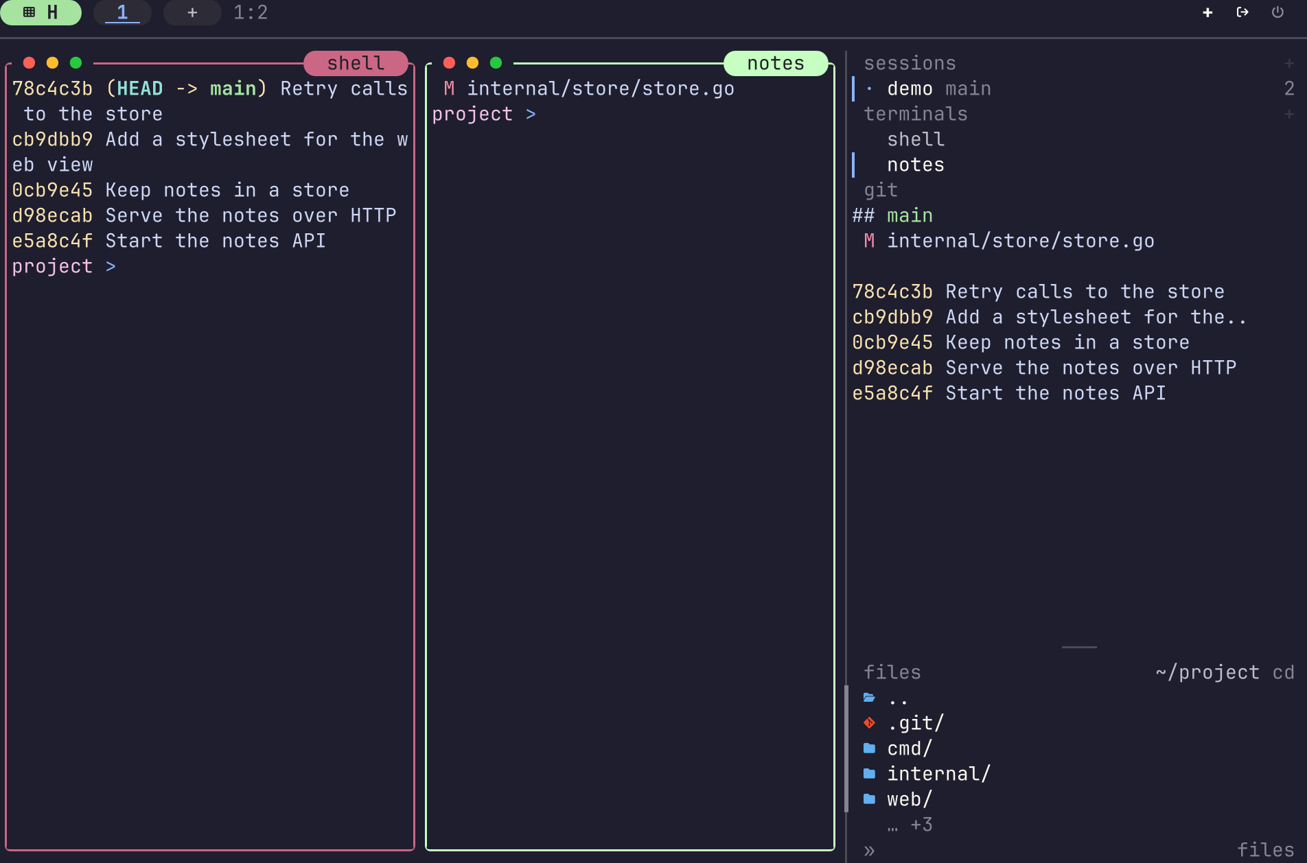 The rail has a section named git between terminals and files. The section is a live terminal that runs watch on git status and git log, with the branch, a changed file and five commits.
