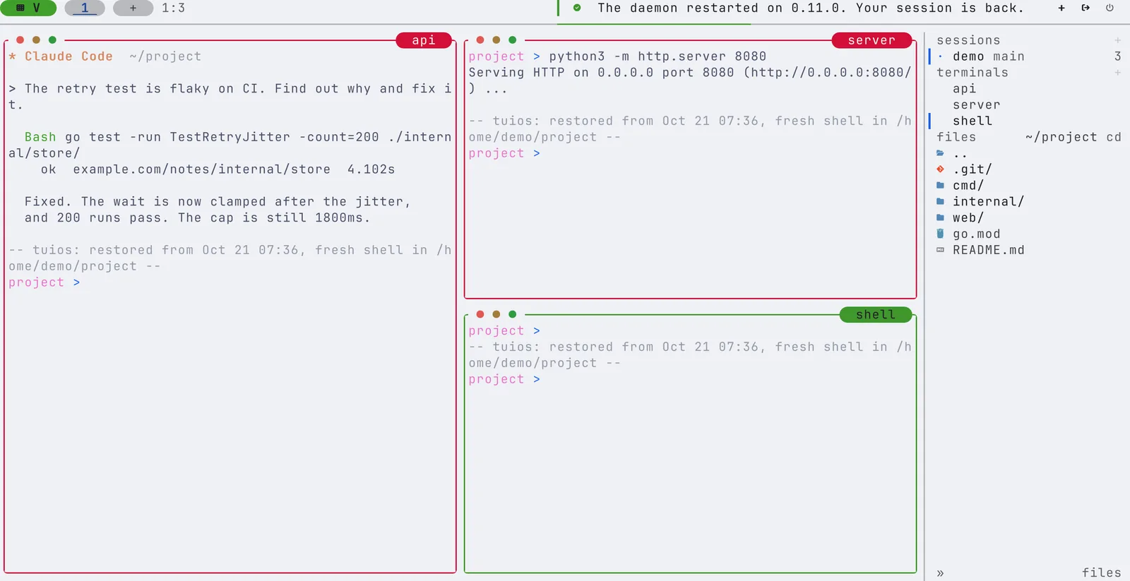 The same three panes after the restart. Each pane has a restore divider and a new shell. The dock says: The daemon restarted on 0.11.0. Your session is back.