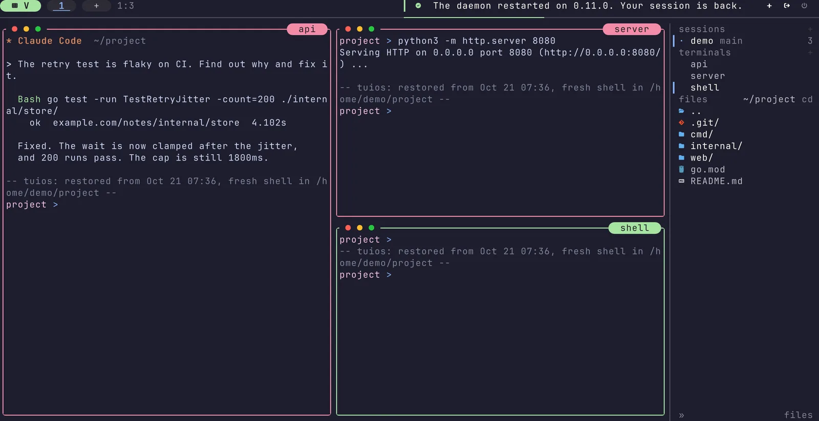 The same three panes after the restart. Each pane has a restore divider and a new shell. The dock says: The daemon restarted on 0.11.0. Your session is back.