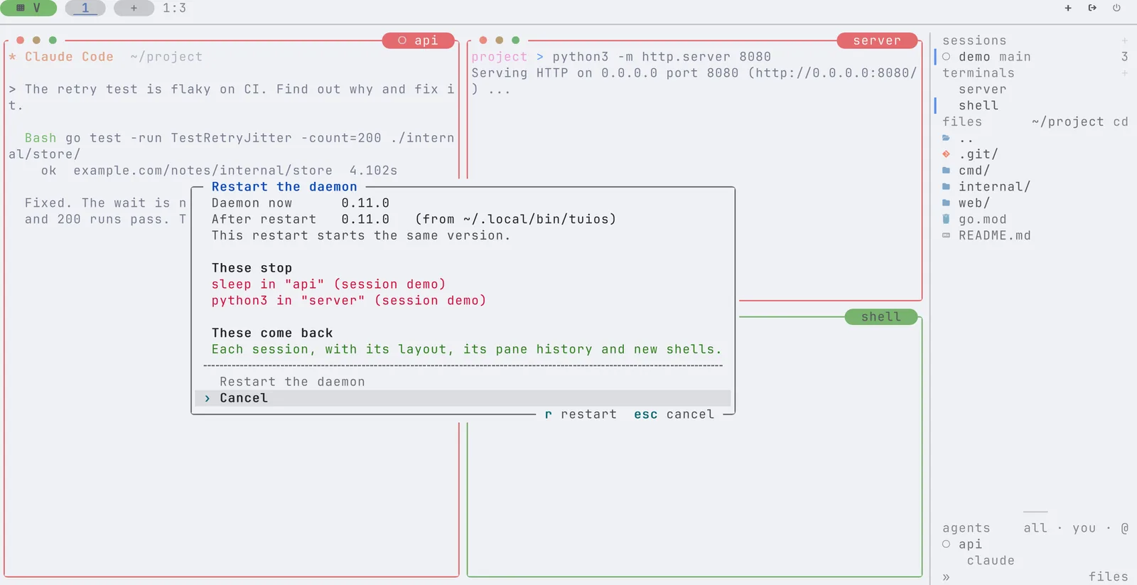 The Restart the daemon dialog over three panes. It shows the daemon's version now and after the restart, the programs that stop (sleep in api and python3 in server), and that each session comes back with its layout, its pane history and new shells.