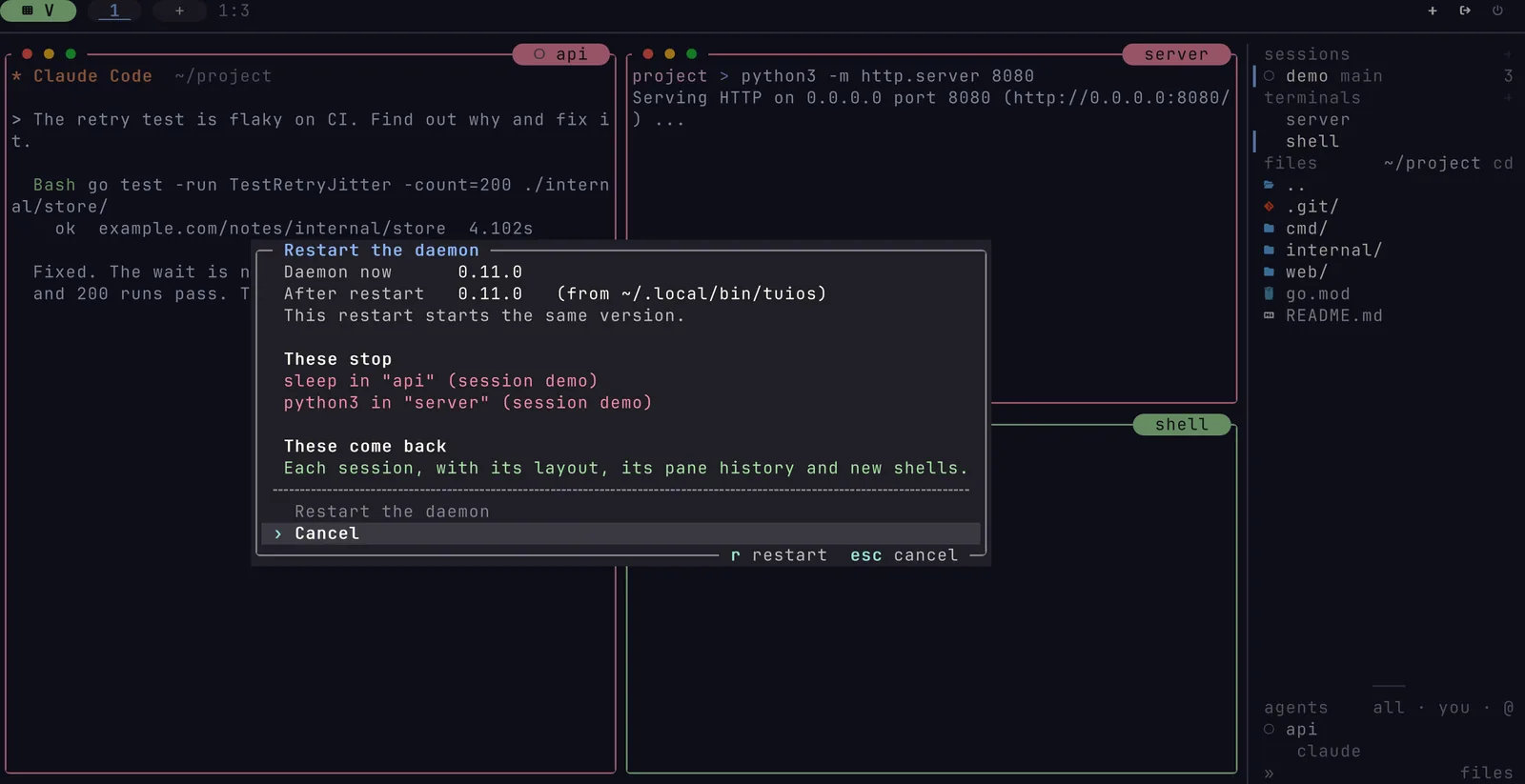 The Restart the daemon dialog over three panes. It shows the daemon's version now and after the restart, the programs that stop (sleep in api and python3 in server), and that each session comes back with its layout, its pane history and new shells.