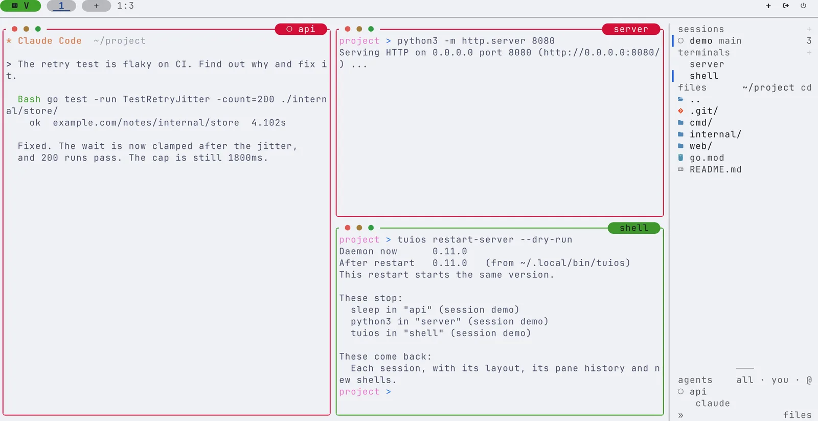 tuios restart-server --dry-run in the shell pane. It prints the daemon's version, the binary the restart runs, and that the sleep in api, python3 in server and the tuios command itself stop. Each session comes back with its layout, its pane history and new shells.