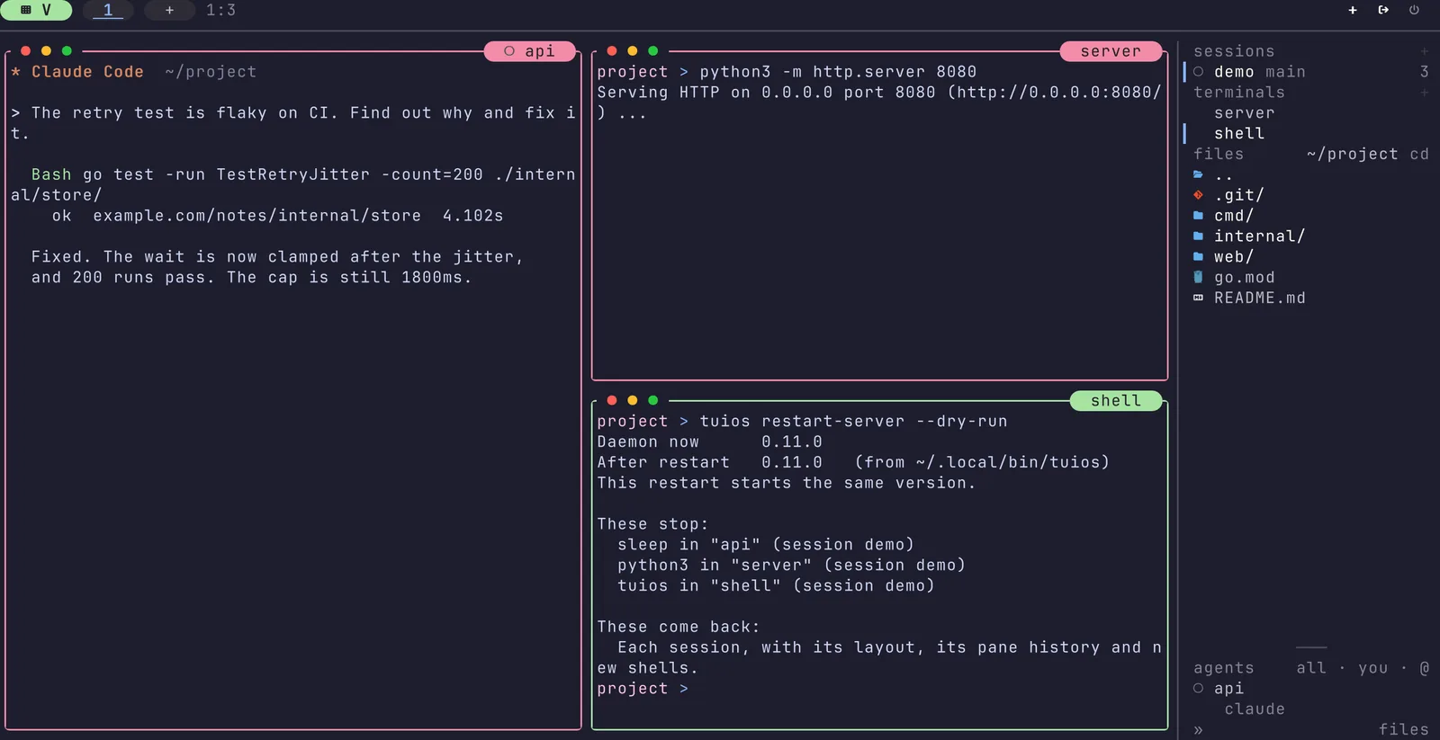 tuios restart-server --dry-run in the shell pane. It prints the daemon's version, the binary the restart runs, and that the sleep in api, python3 in server and the tuios command itself stop. Each session comes back with its layout, its pane history and new shells.