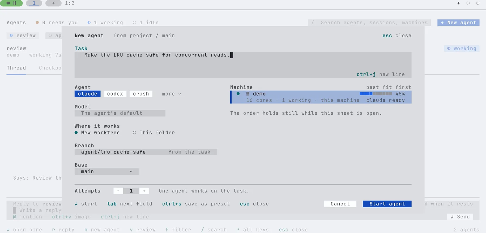 The New agent sheet over the agents view. The task reads: Make the LRU cache safe for concurrent reads. claude is the picked agent, with codex and crush beside it. Where it works is New worktree, the branch is agent/lru-cache-safe from the task, the base is main, the machine is this one, and there is one attempt.