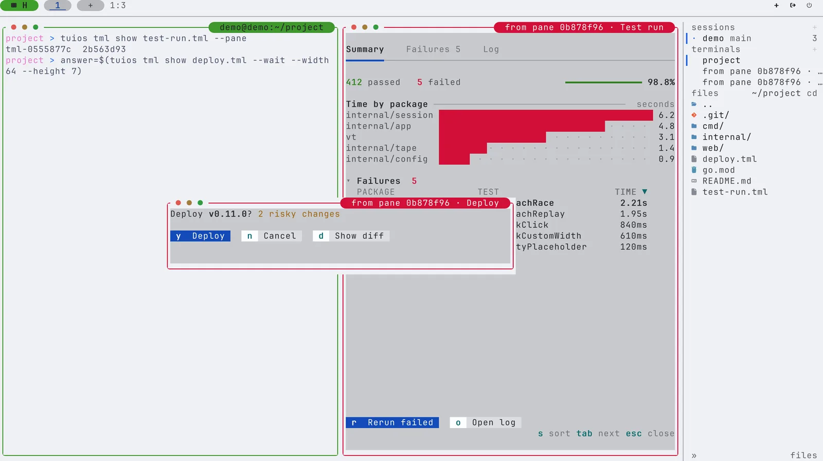 The deploy question in a popup over the panes, with the buttons Deploy, Cancel and Show diff